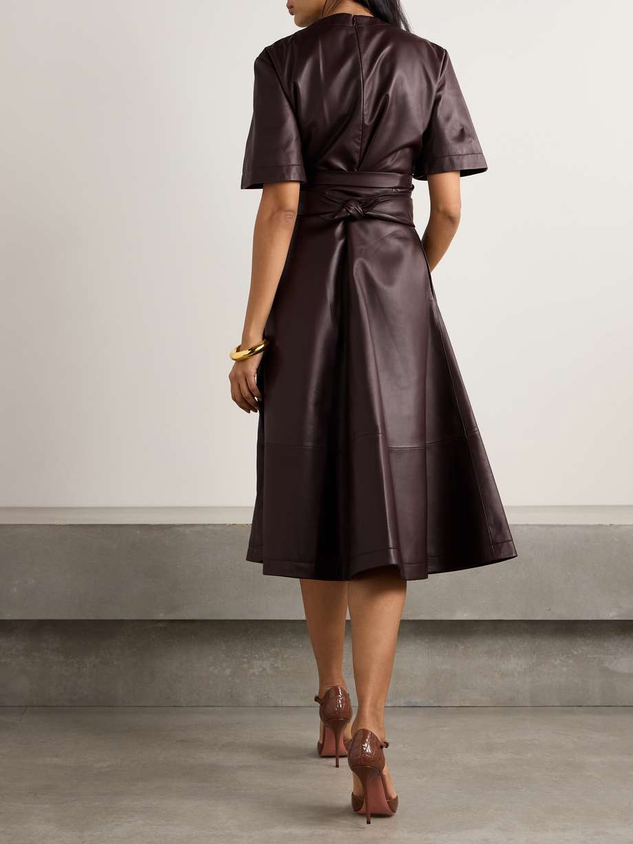 honey embellished draped leather midi dress