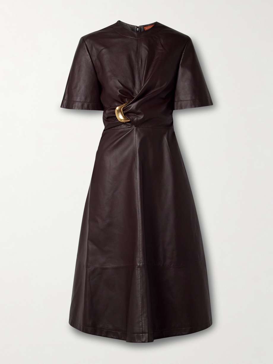 honey embellished draped leather midi dress