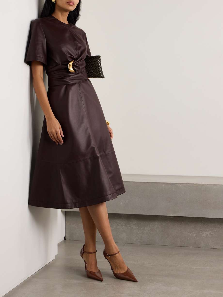 honey embellished draped leather midi dress