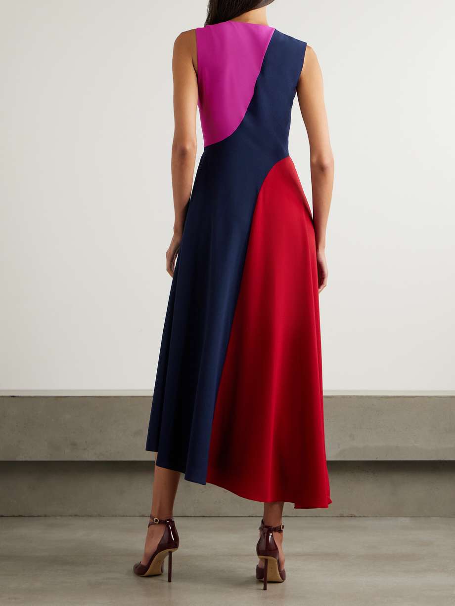 miral asymmetric color-block crepe de chine midi dress