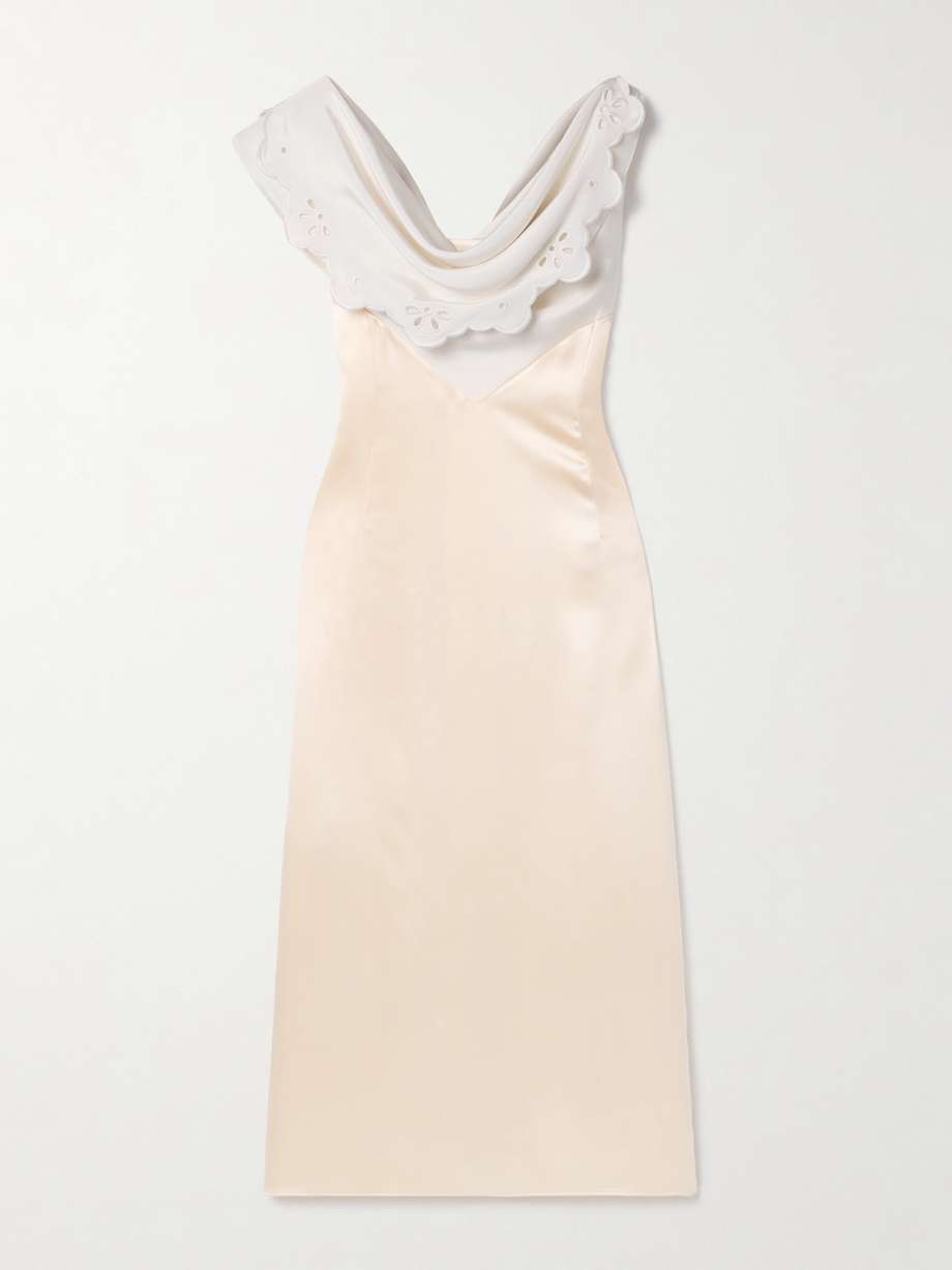 fragolina draped broderie anglaise-paneled silk-satin midi dress