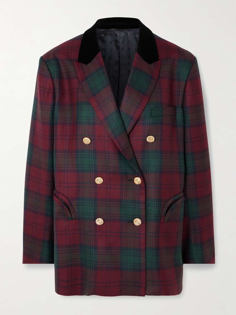 Blazé Milano Night Break Double-breasted Velvet-trimmed Checked Wool Blazer