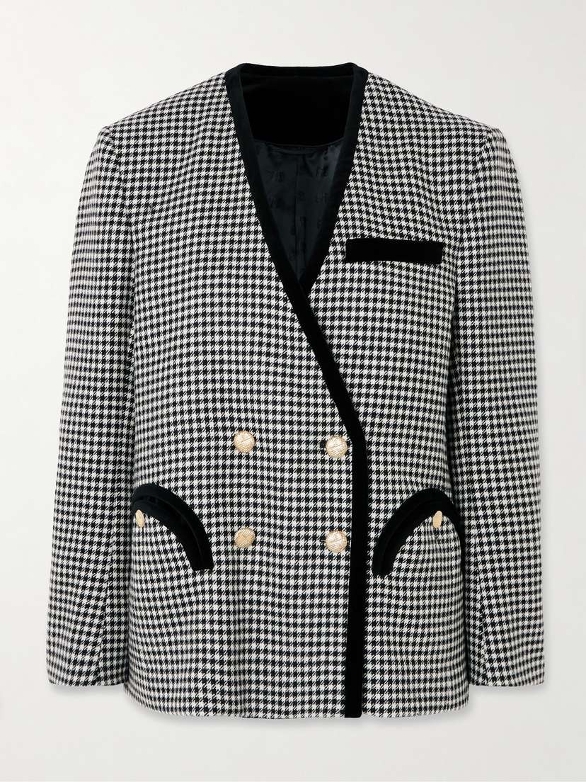 Blazé Milano Sunset Double-breasted Velvet-trimmed Houndstooth Wool Blazer