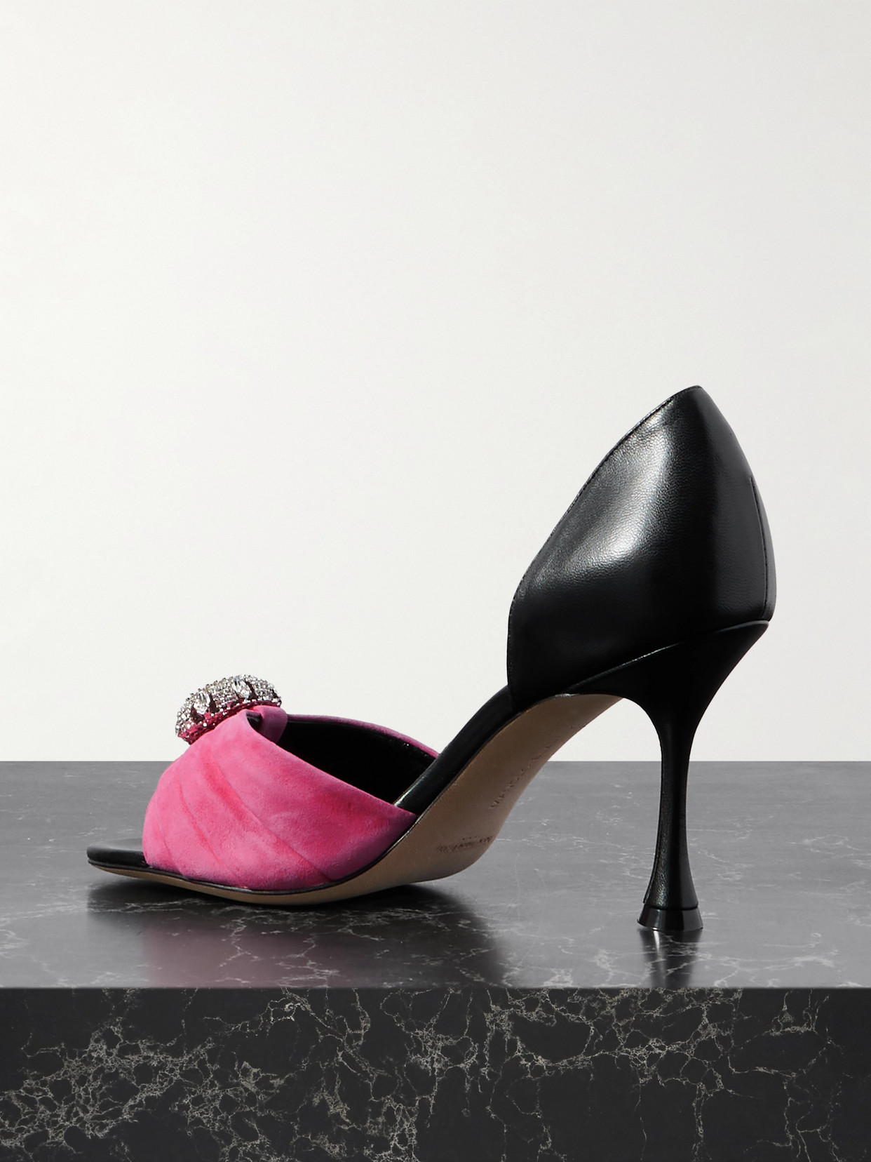 Manolo Blahnik Ansak 90 Crystal-embellished Pleated Suede And Leather Pumps In Black