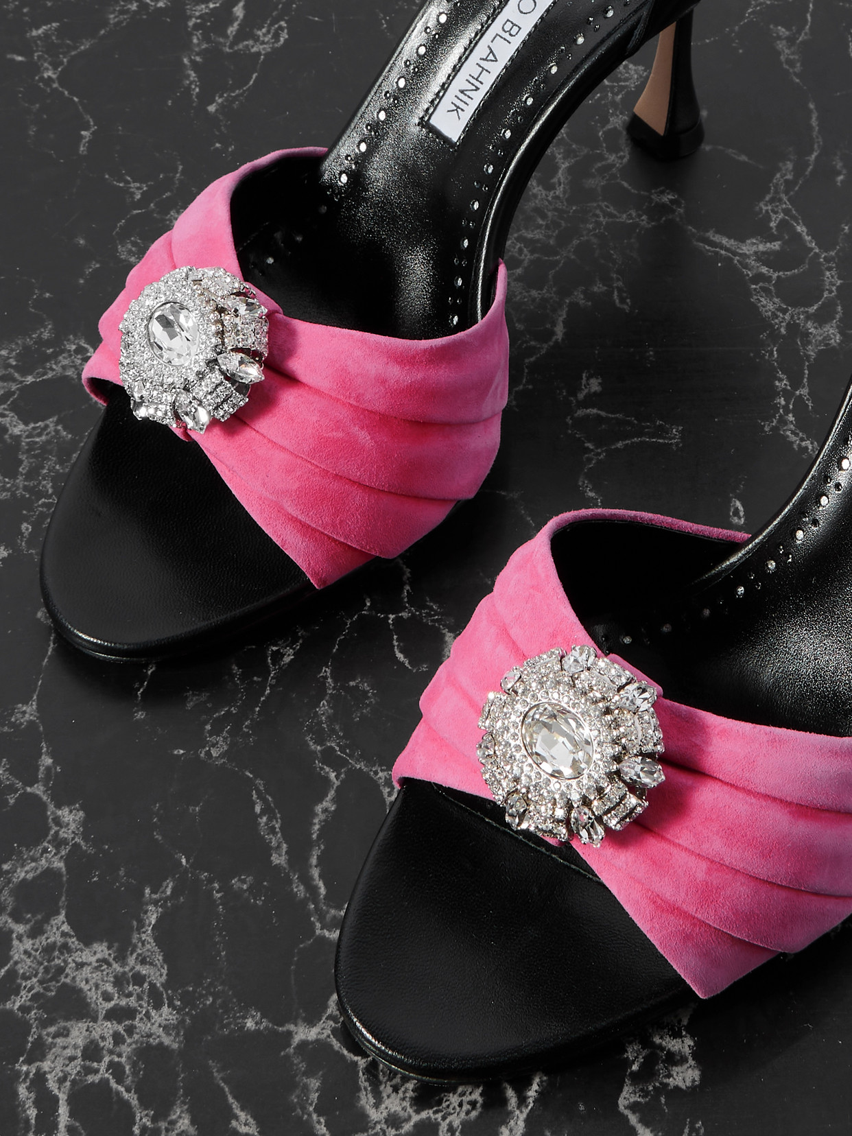 Manolo Blahnik Ansak 90 Crystal-embellished Pleated Suede And Leather Pumps In Black