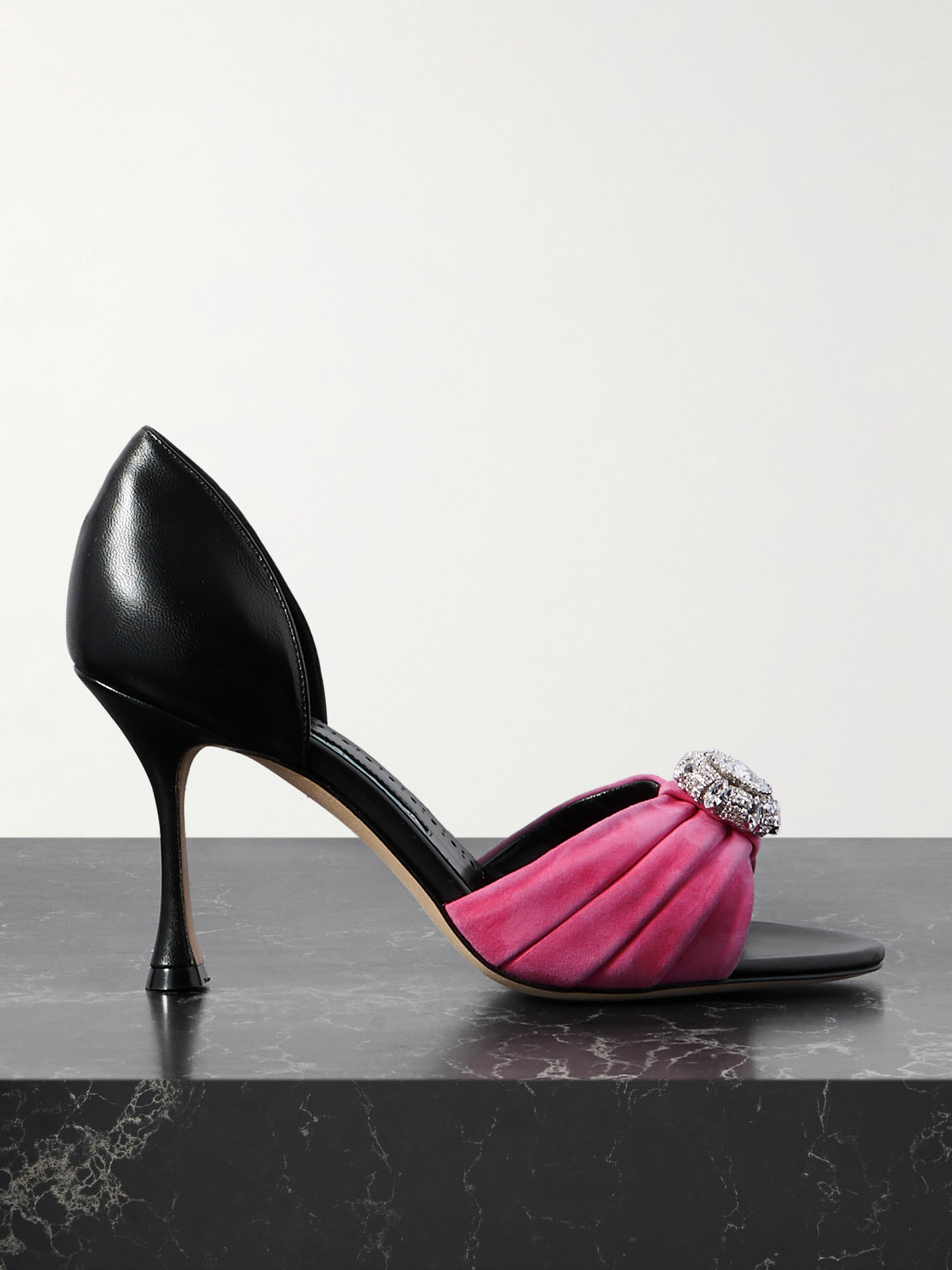 Manolo Blahnik Ansak 90 Crystal-embellished Pleated Suede And Leather Pumps In Black
