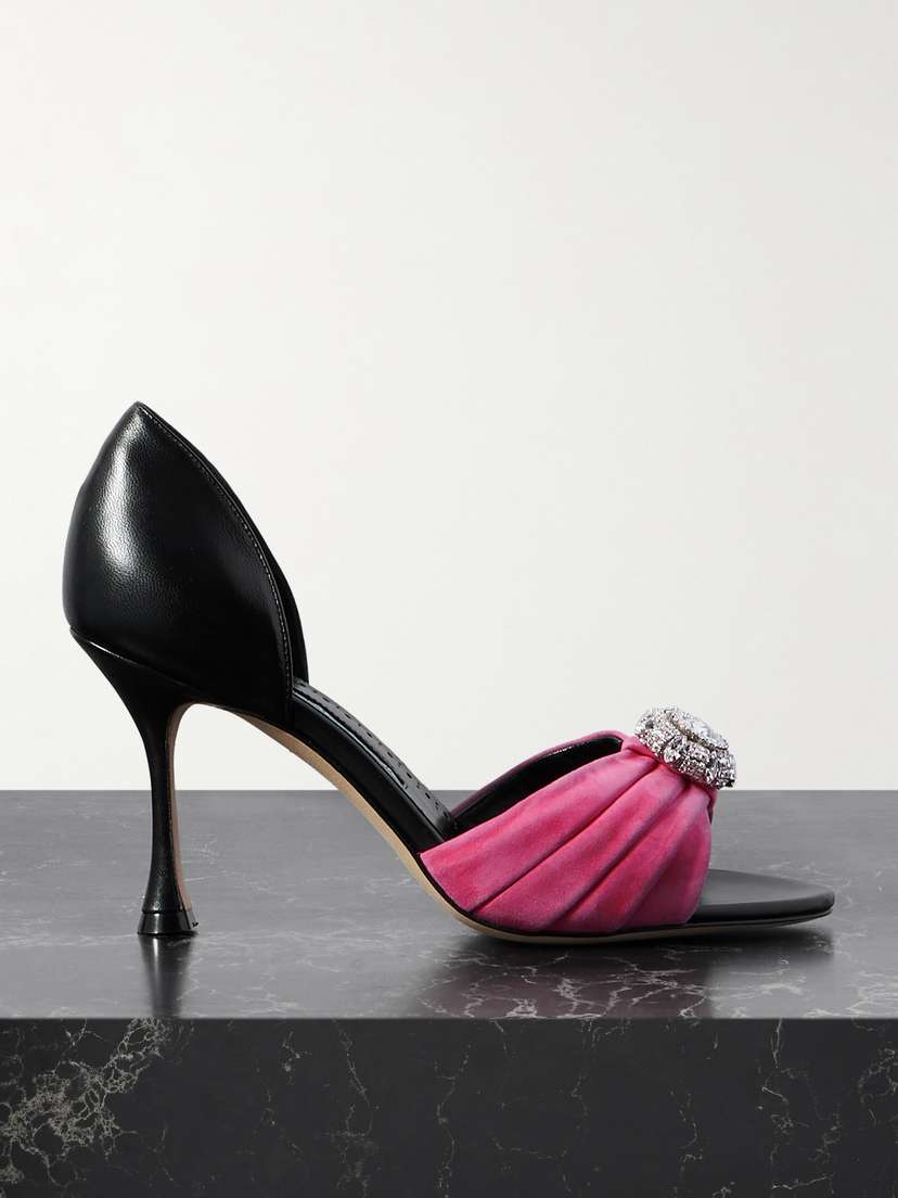 Manolo Blahnik Ansak 90 Crystal-embellished Pleated Suede And Leather Pumps