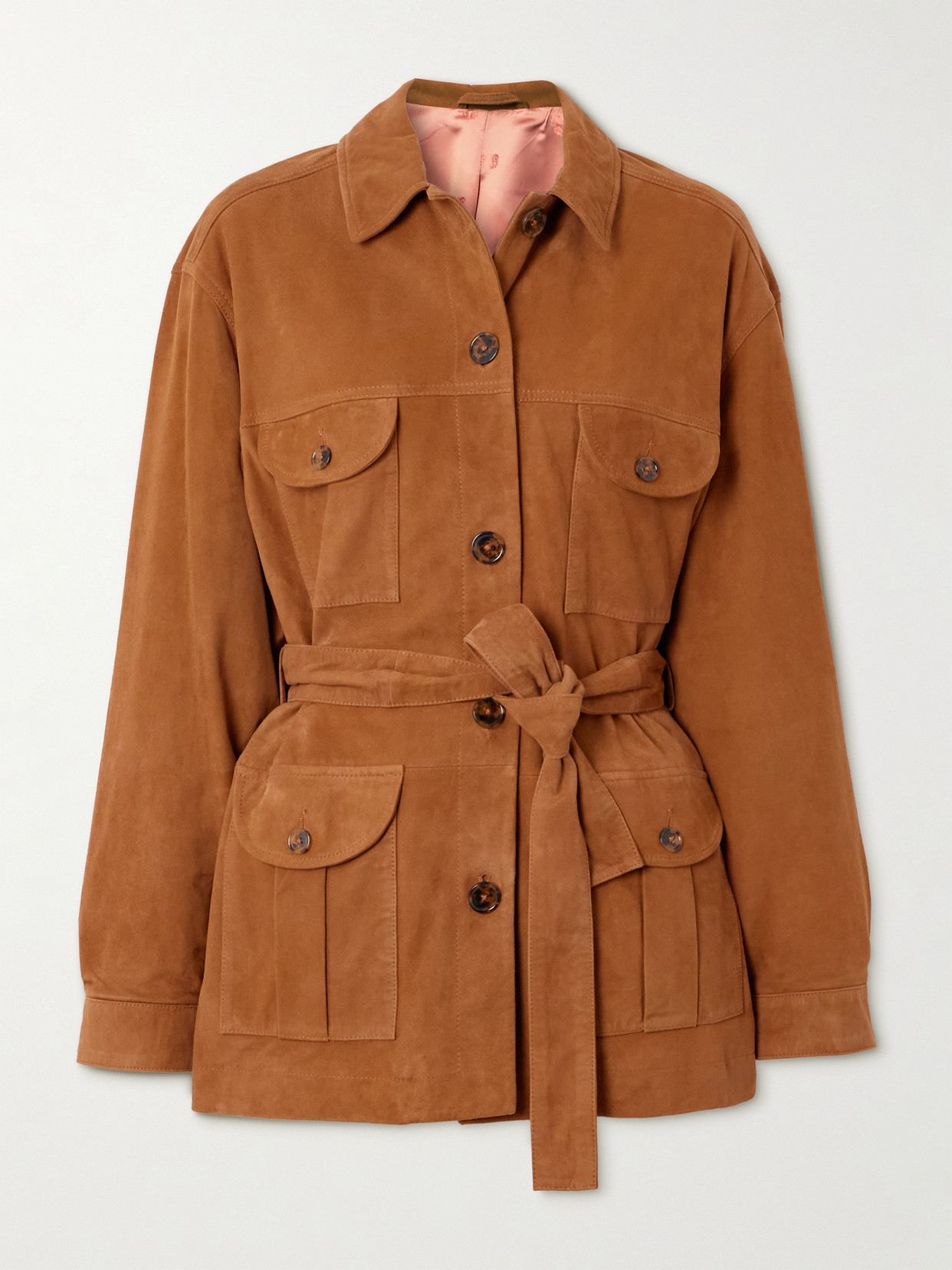 Blazé Milano Suede Jacket With Belted Waist And Flap Pockets In Brown