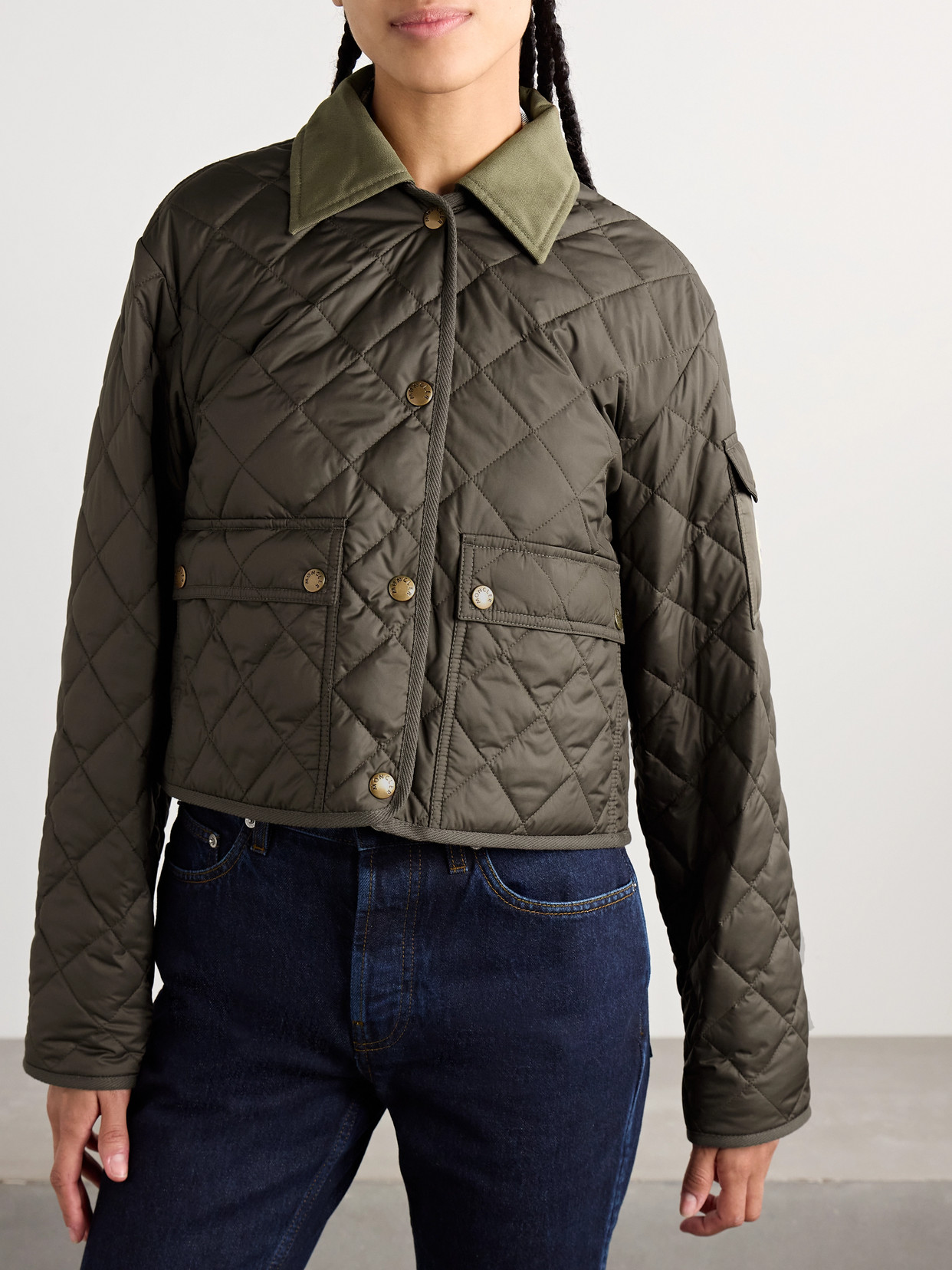 Moncler Chitre Cropped Cotton-canvas Trimmed Padded Quilted Shell Jacket In Green