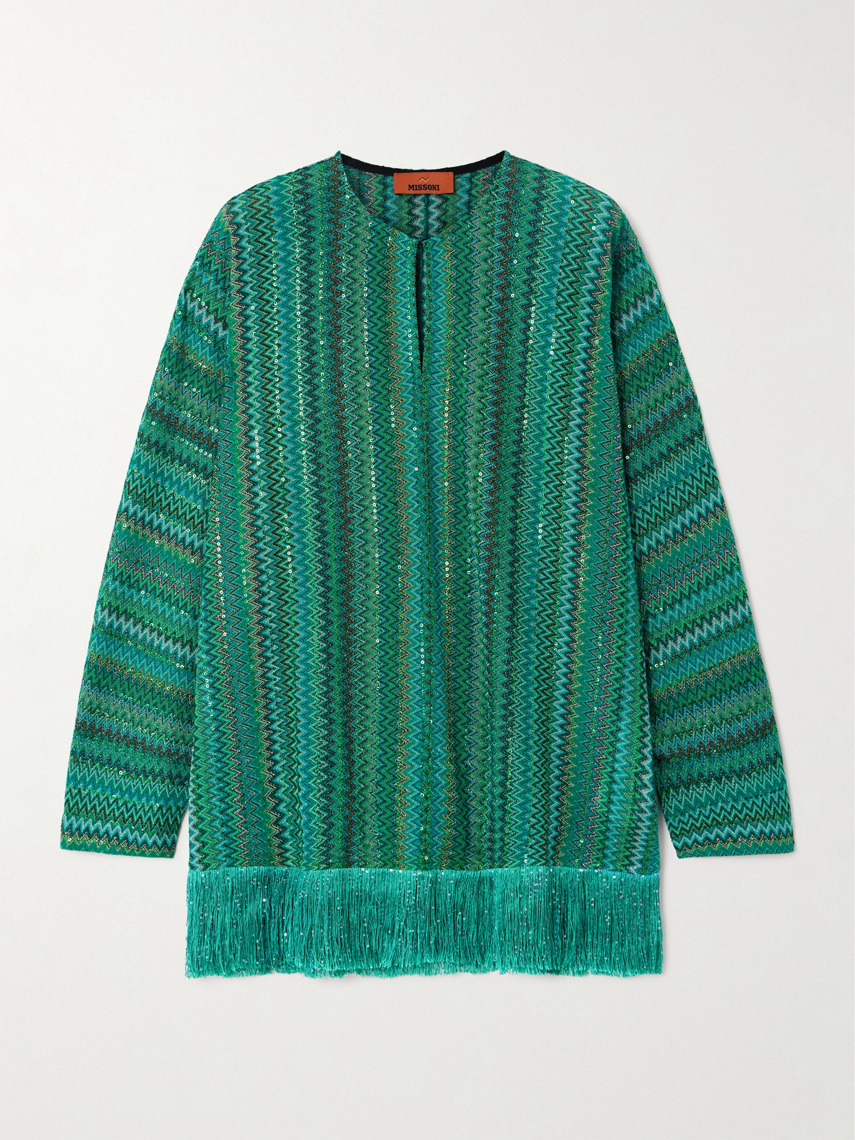 Missoni Fringed Sequin-embellished Metallic Crochet-knit Top In Green