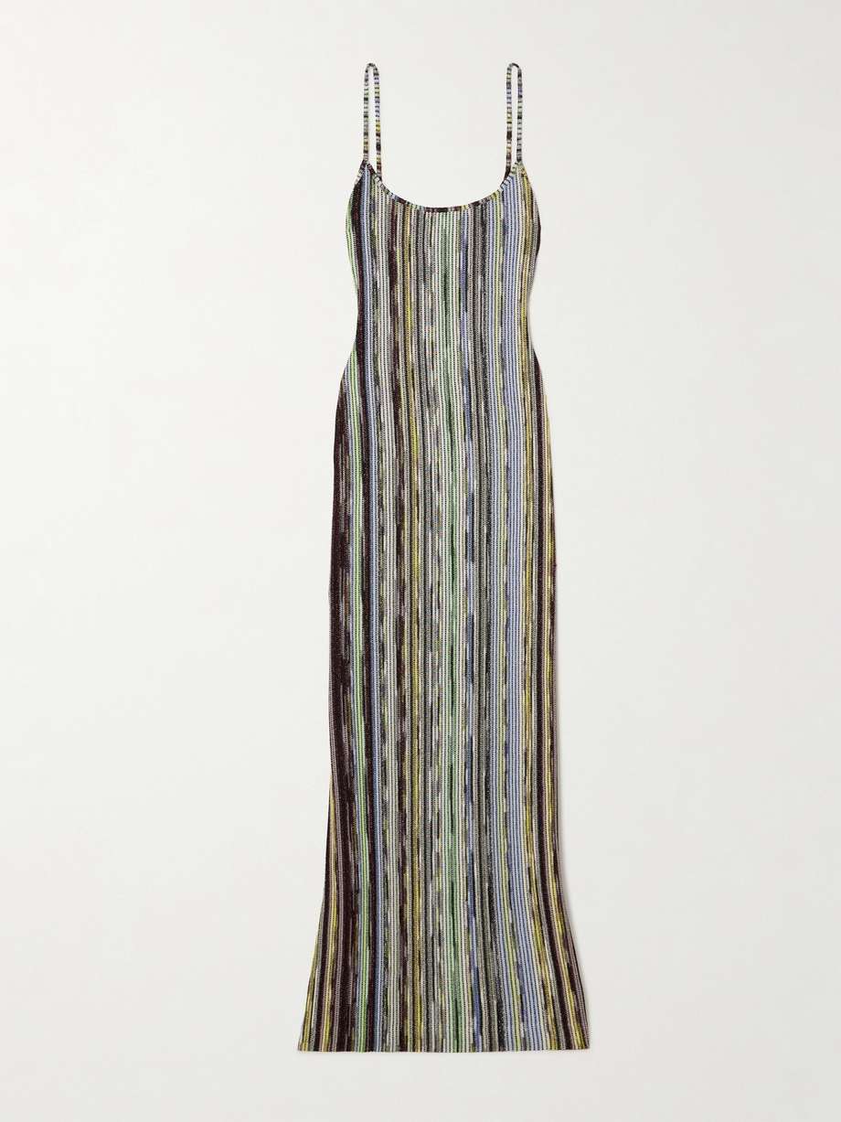 striped metallic crochet-knit maxi dress