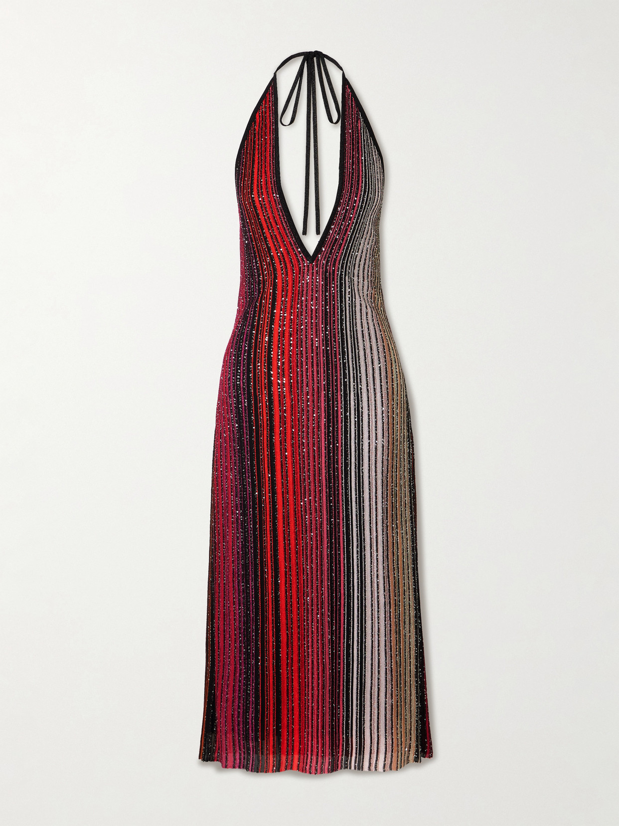 MISSONI SEQUINED STRIPED METALLIC CROCHET-KNIT HALTERNECK MIDI DRESS