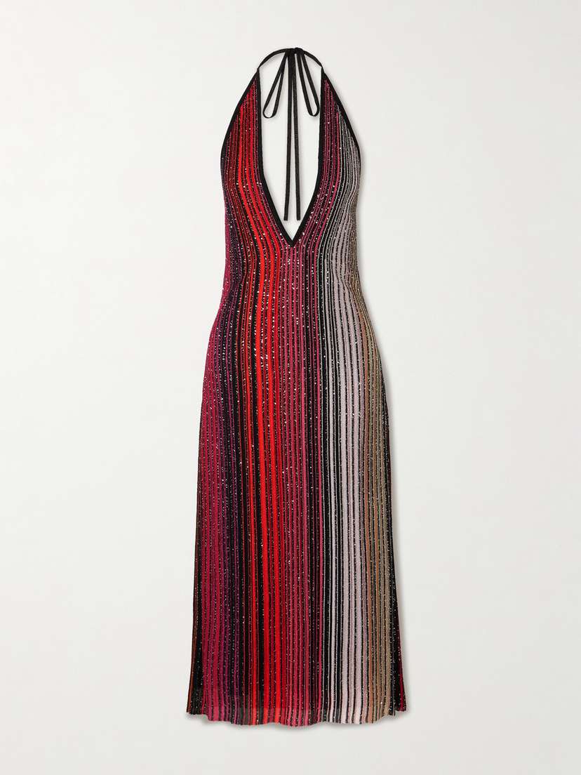 Missoni Sequined Striped Metallic Crochet-knit Halterneck Midi Dress