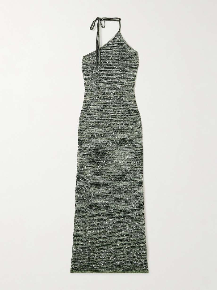 one-shoulder sequin-embellished metallic crochet-knit maxi dress