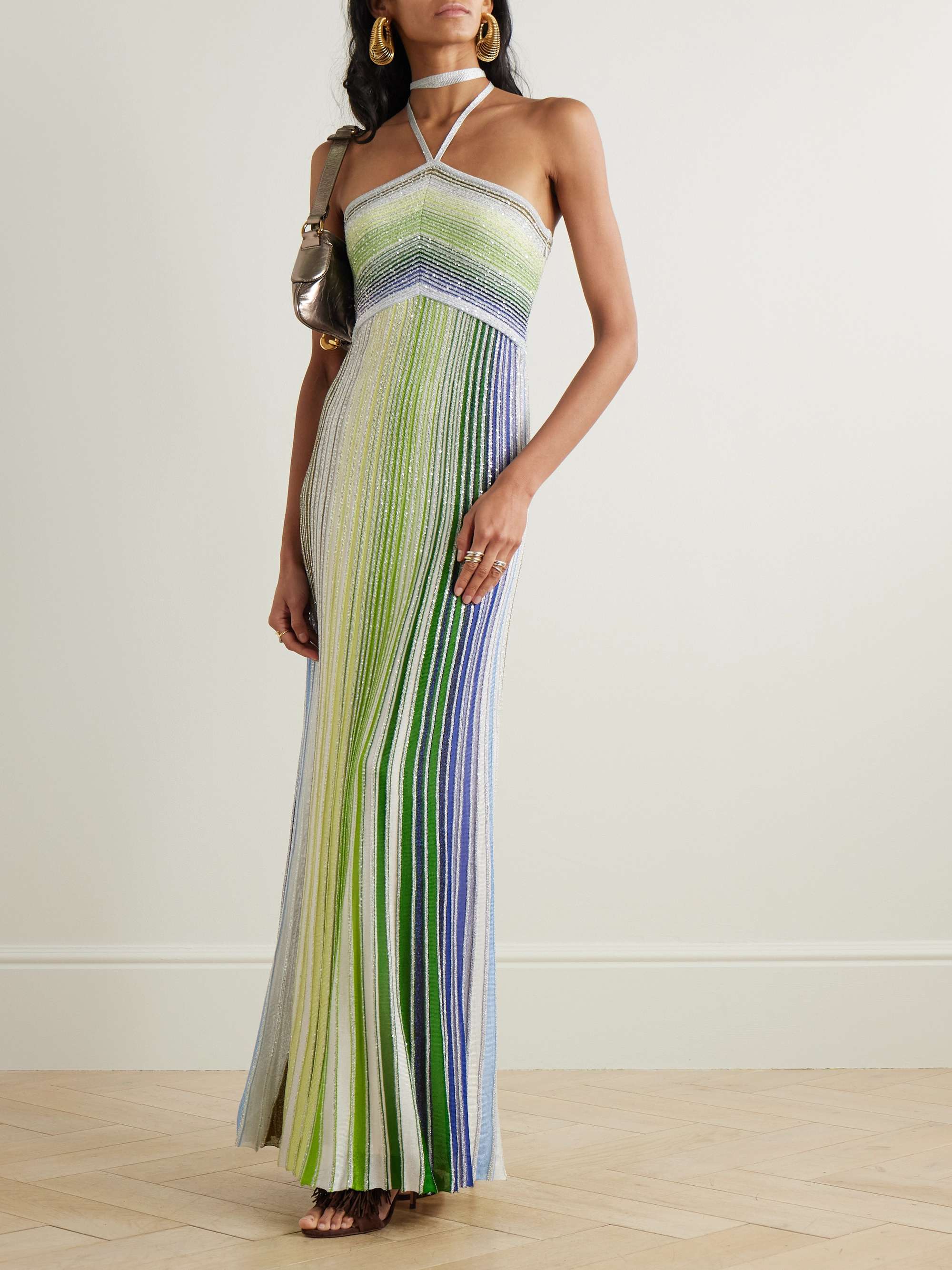 MISSONI Sequin-embellished metallic crochet-knit halterneck