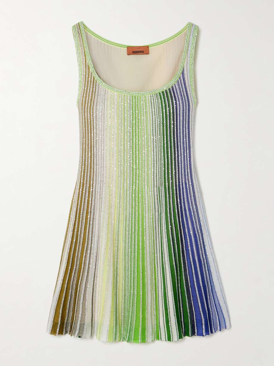 sequin-embellished striped metallic crochet-knit mini dress