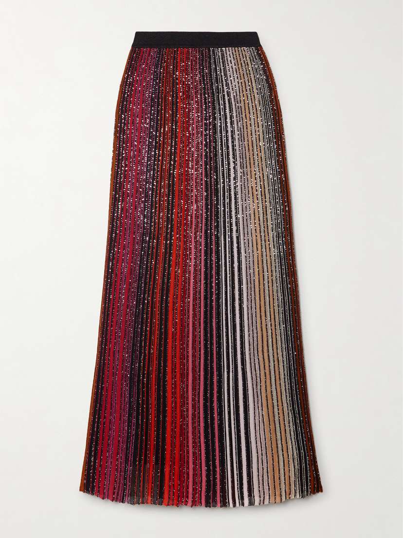 Missoni Pleated Sequined Striped Metallic Crochet-knit Maxi Skirt