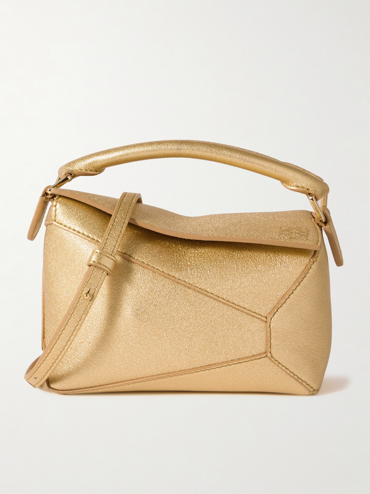 Loewe Puzzle Edge Mini Metallic Textured-leather Shoulder Bag In Gold