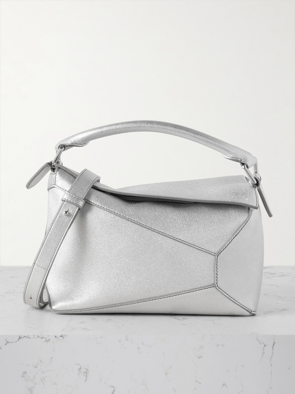 Loewe Puzzle Edge Mini Metallic Textured-leather Shoulder Bag In Silver