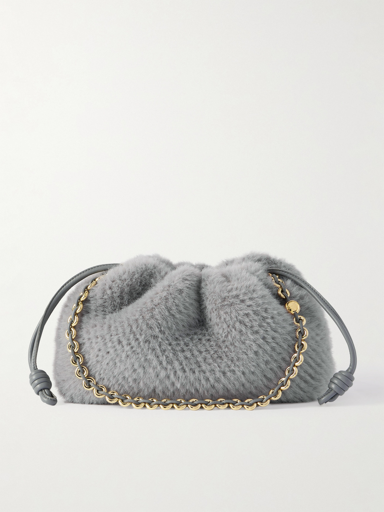 Loewe Flamenco Leather-trimmed Faux Fur Clutch In Gray