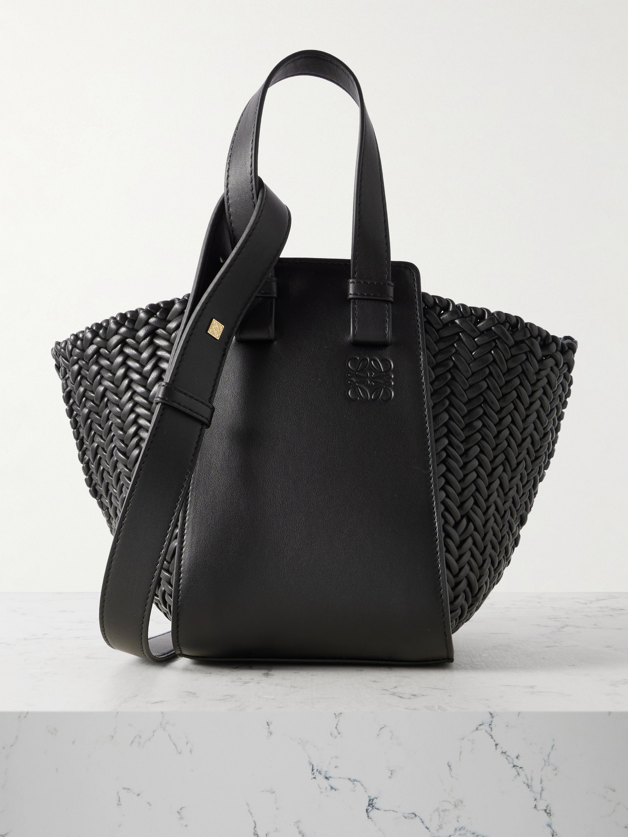 Loewe Hammock Woven Leather Tote Bag In Black
