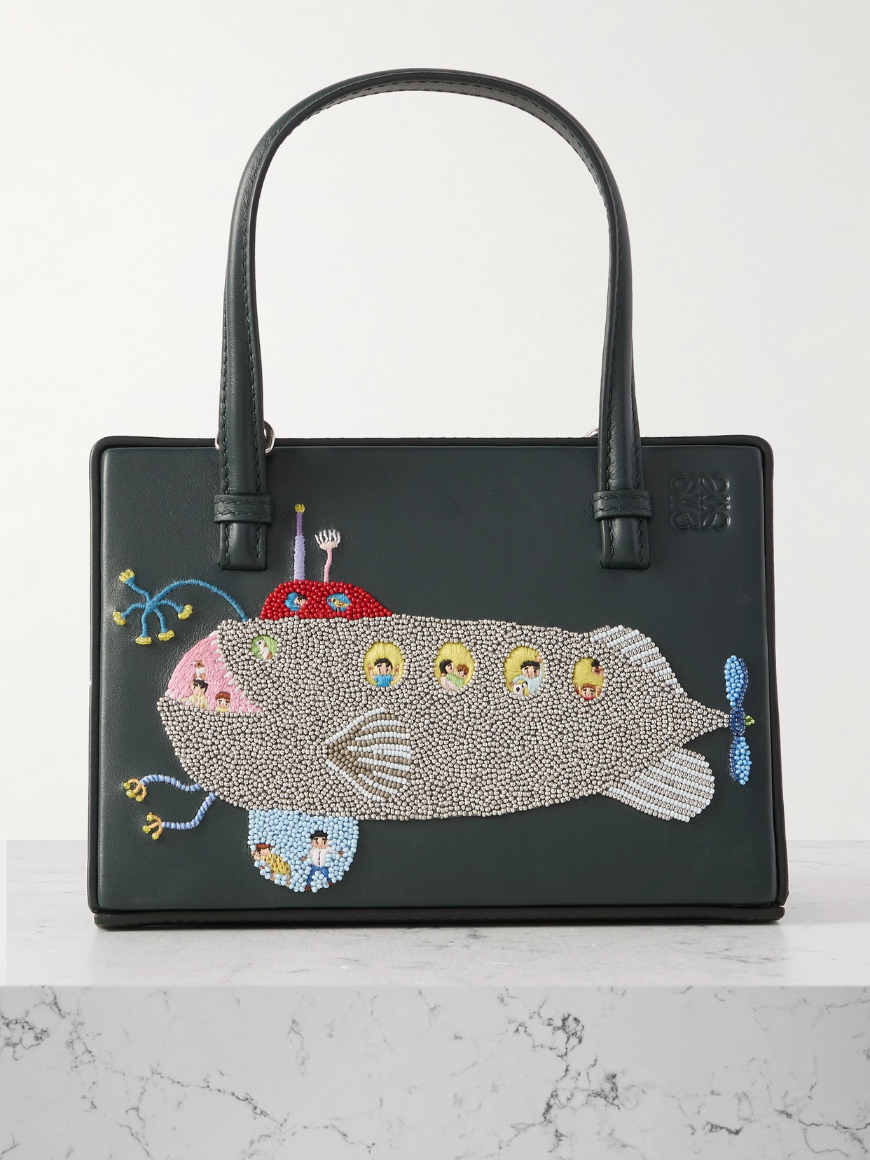Loewe + Suna Fujita Postal Poste Bead-embellished Embroidered Leather Tote Bag In Green