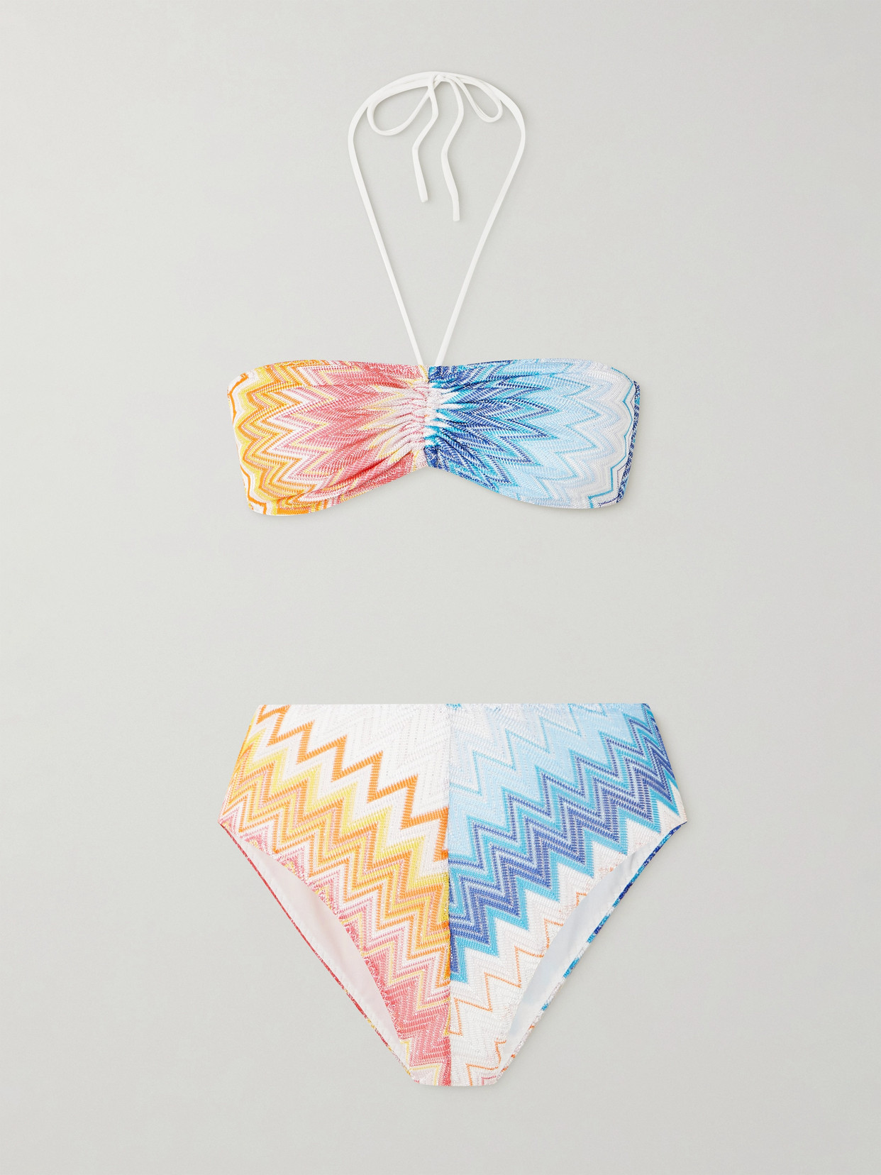 MISSONI MARE GATHERED METALLIC STRIPED CROCHET-KNIT BIKINI