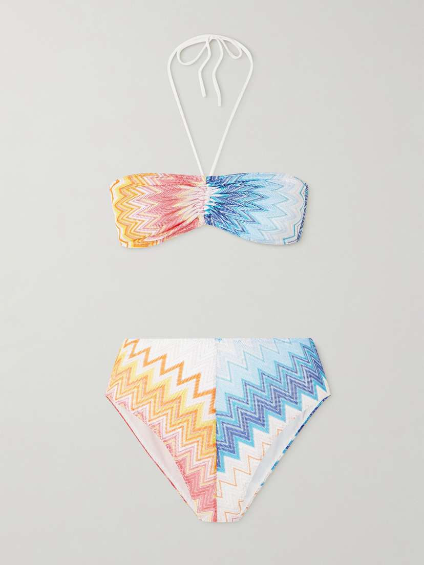 Missoni Mare Gathered Metallic Striped Crochet-knit Bikini