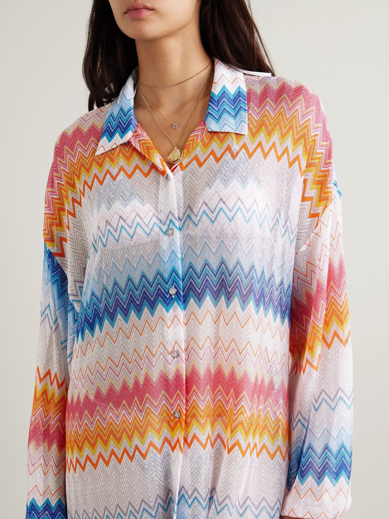 MISSONI MARE OVERSIZED STRIPED METALLIC CROCHET-KNIT SHIRT 