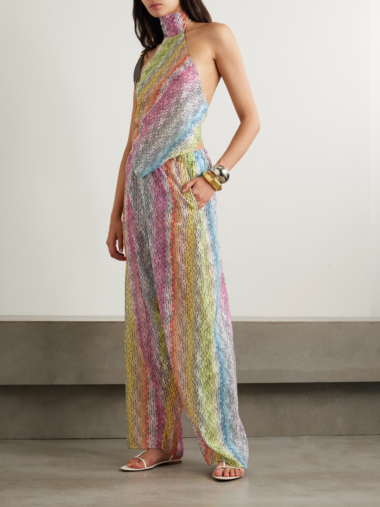 MISSONI MARE PRINTED COTTON AND SILK-BLEND HALTERNECK TOP