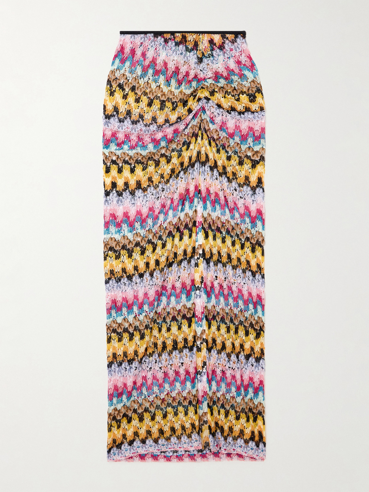Missoni Ruched Metallic Crochet-knit Midi Skirt In Multi