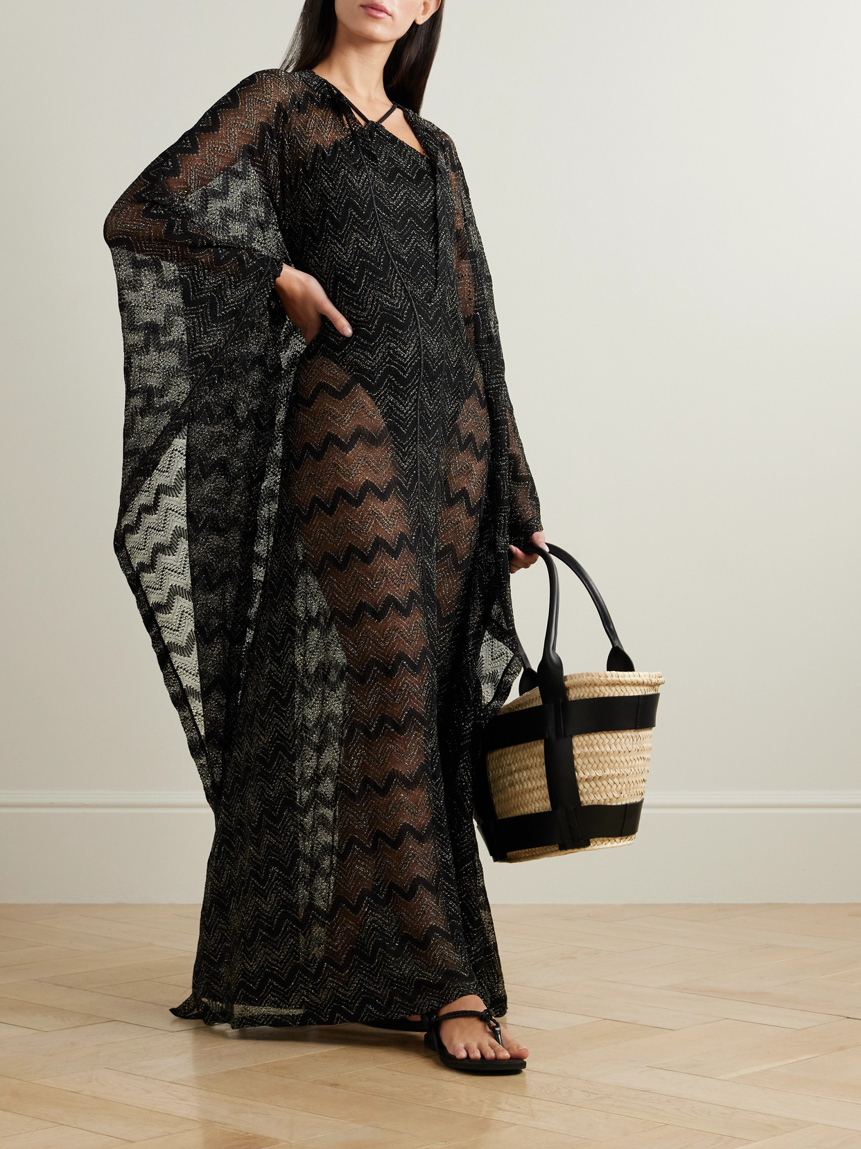 Shop Missoni Mare Striped Metallic Crochet-knit Kaftan In Black