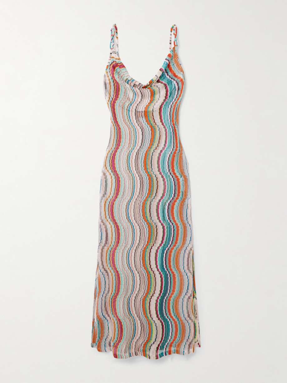 draped metallic crochet-knit maxi dress