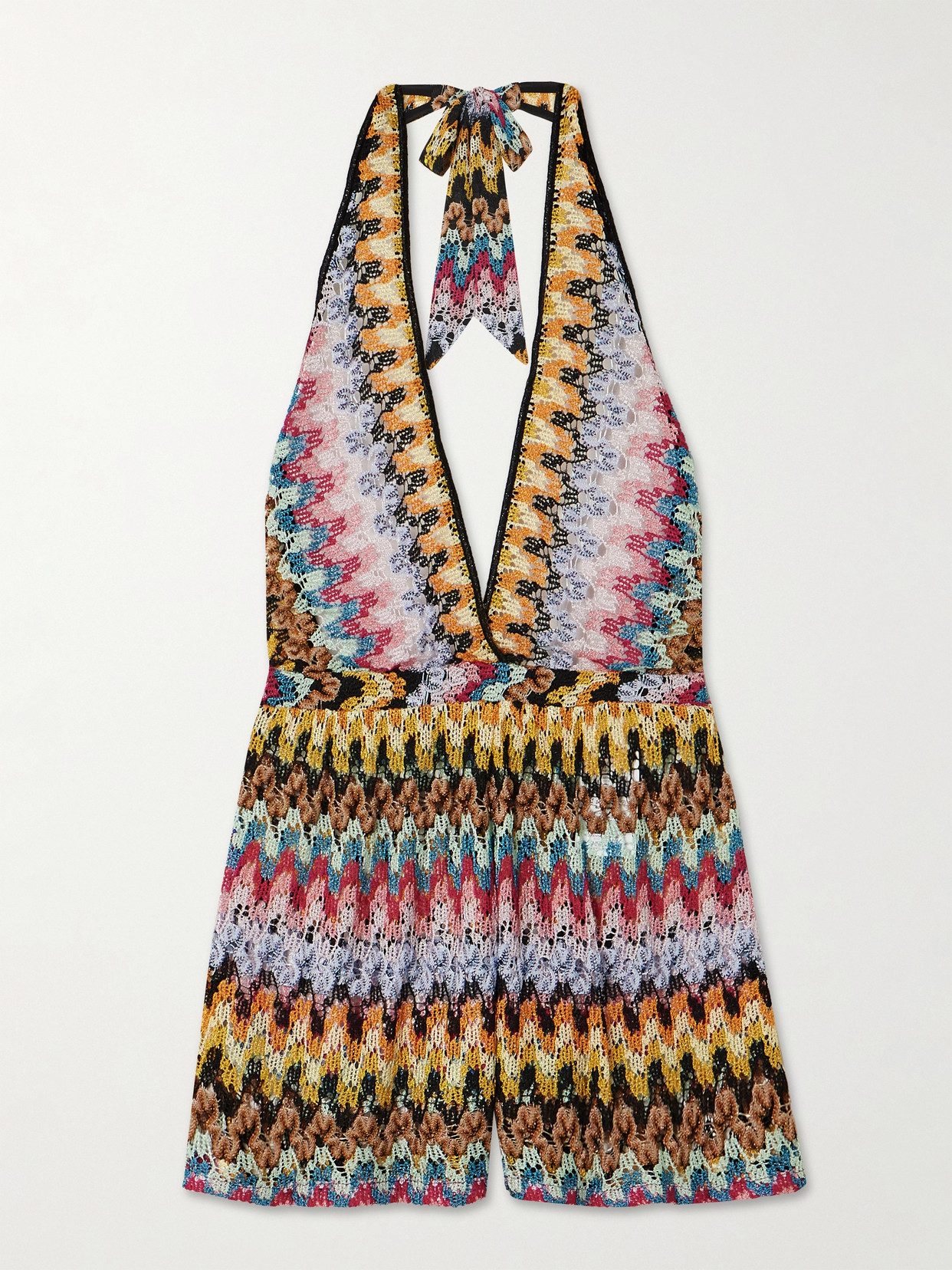 Missoni Metallic Crochet-knit Halterneck Playsuit In Multi