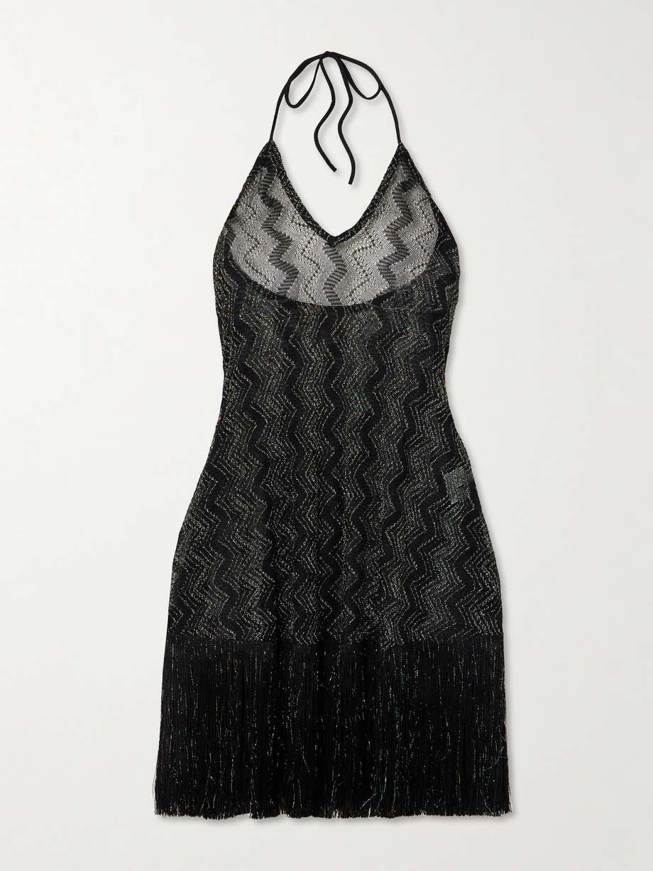 mare fringed metallic crochet-knit halterneck dress