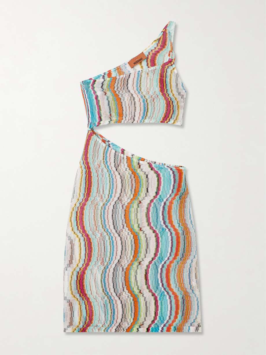 one-shoulder cutout metallic crochet-knit mini dress