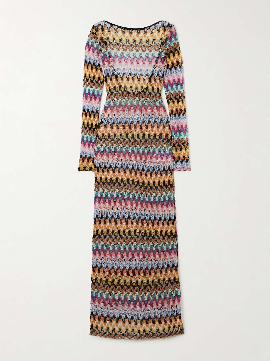 open-back metallic crochet-knit maxi dress