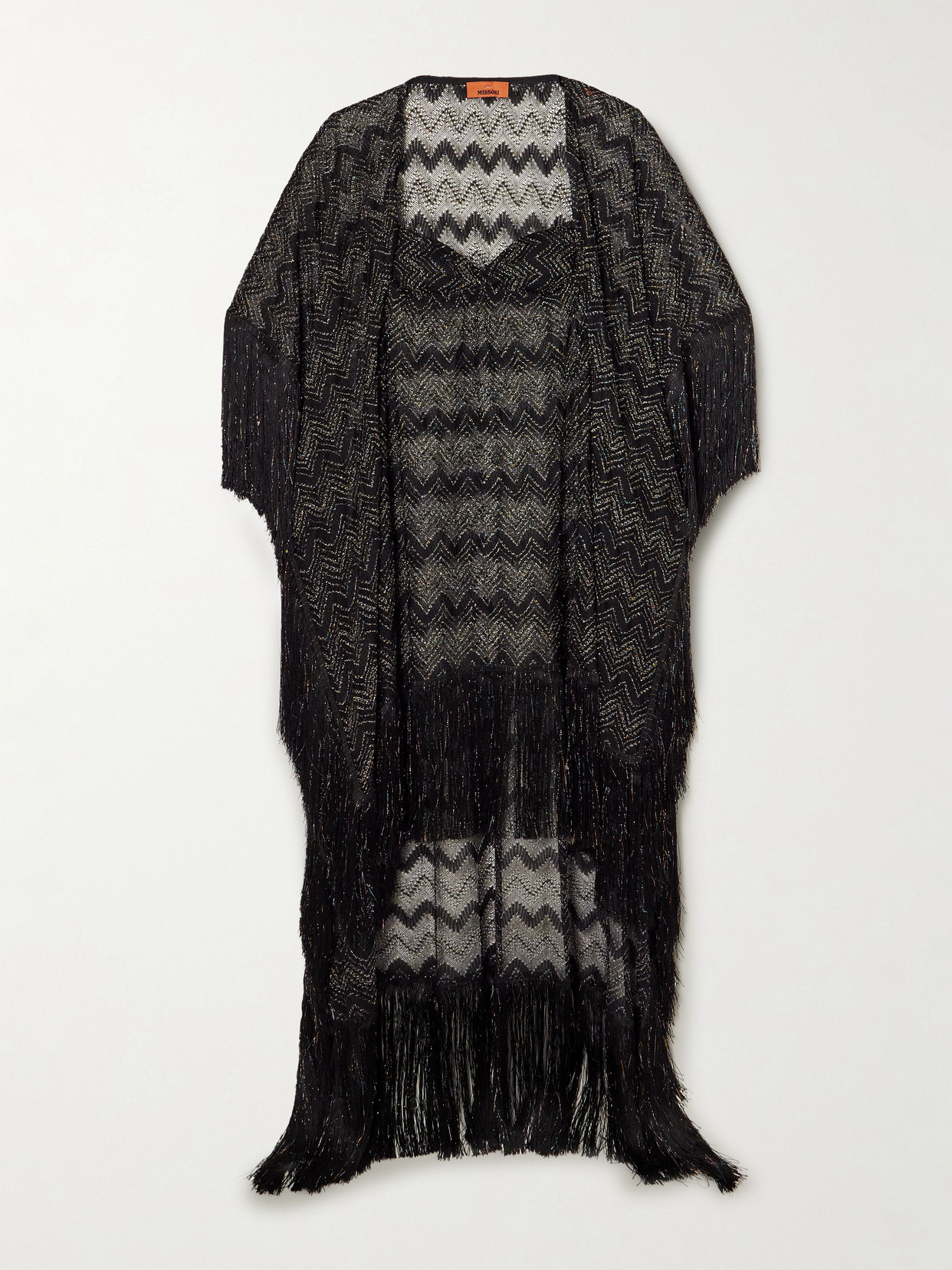 Missoni Mare Fringed Striped Metallic Crochet-knit Kaftan In Black