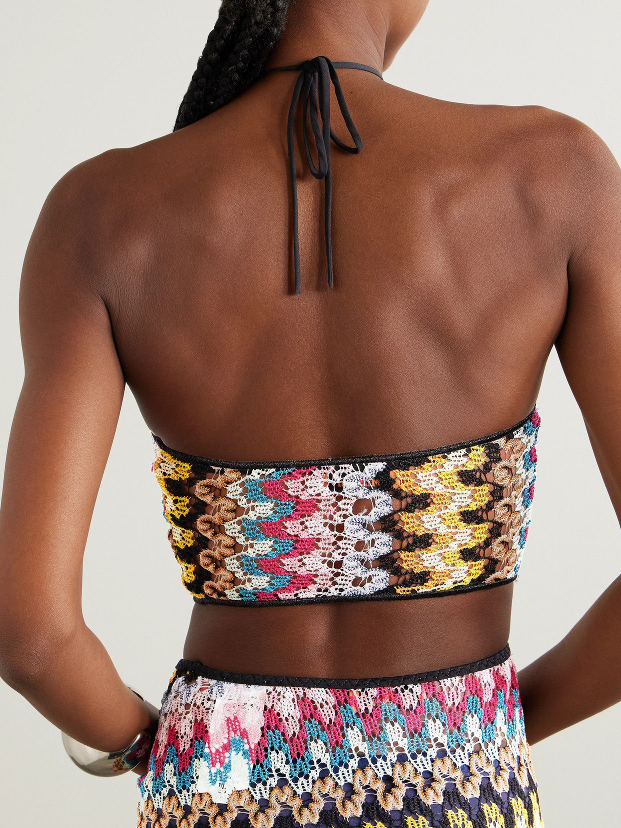 MISSONI CROPPED METALLIC CROCHET-KNIT HALTERNECK TOP
