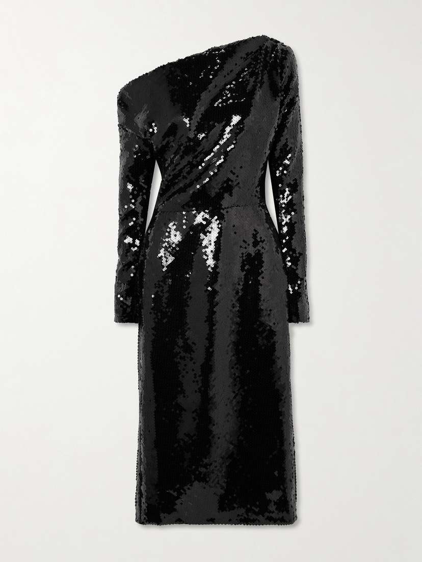 16Arlington Danae Draped Asymmetric Sequined Crepe Midi Dress