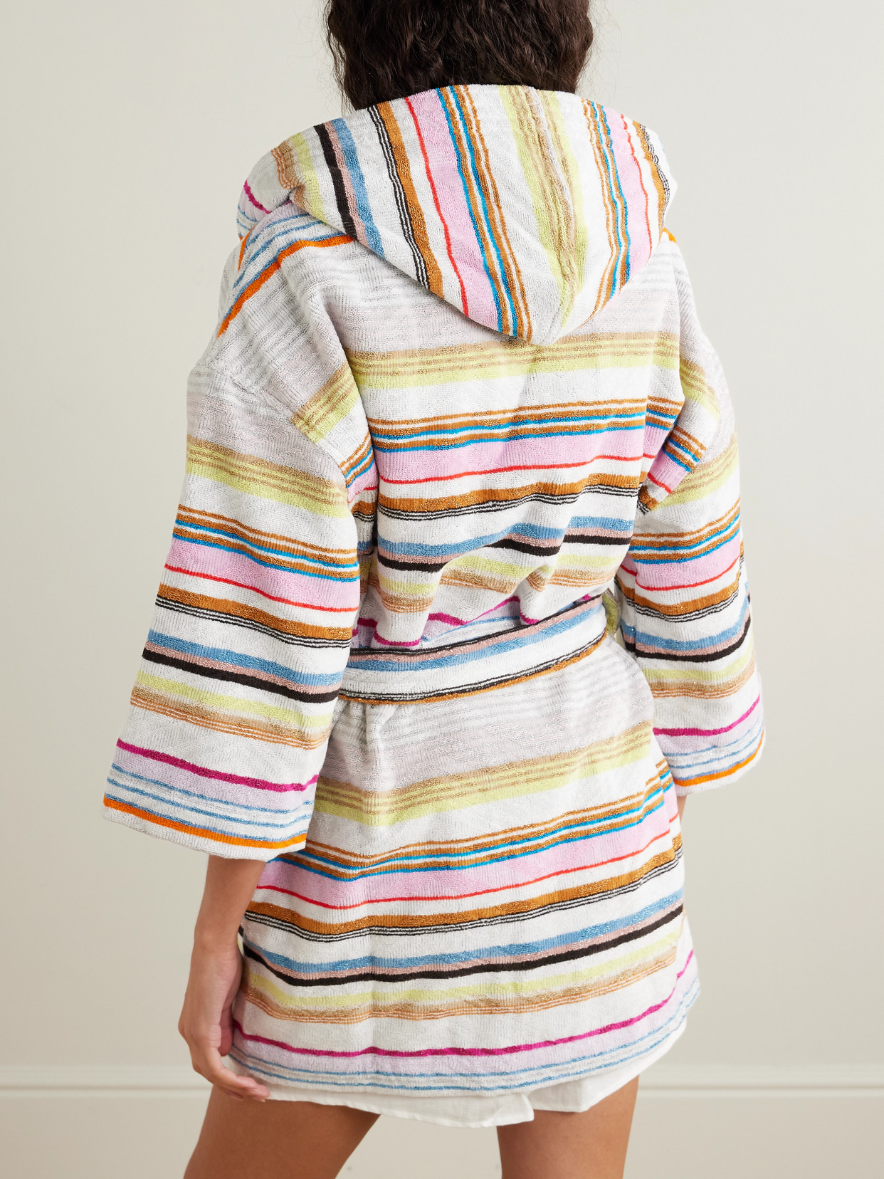 MISSONI MOONSHADOW HOODED STRIPED METALLIC COTTON-BLEND TERRY ROBE