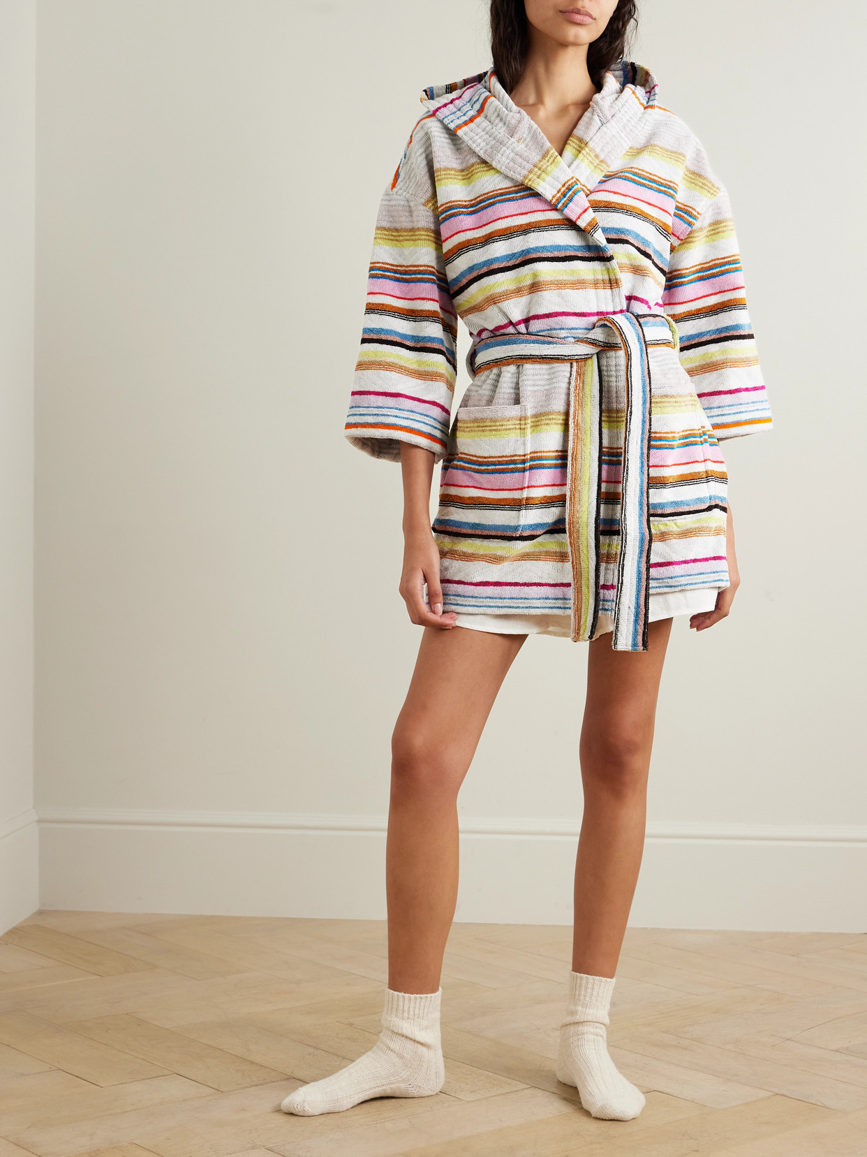 MISSONI MOONSHADOW HOODED STRIPED METALLIC COTTON-BLEND TERRY ROBE