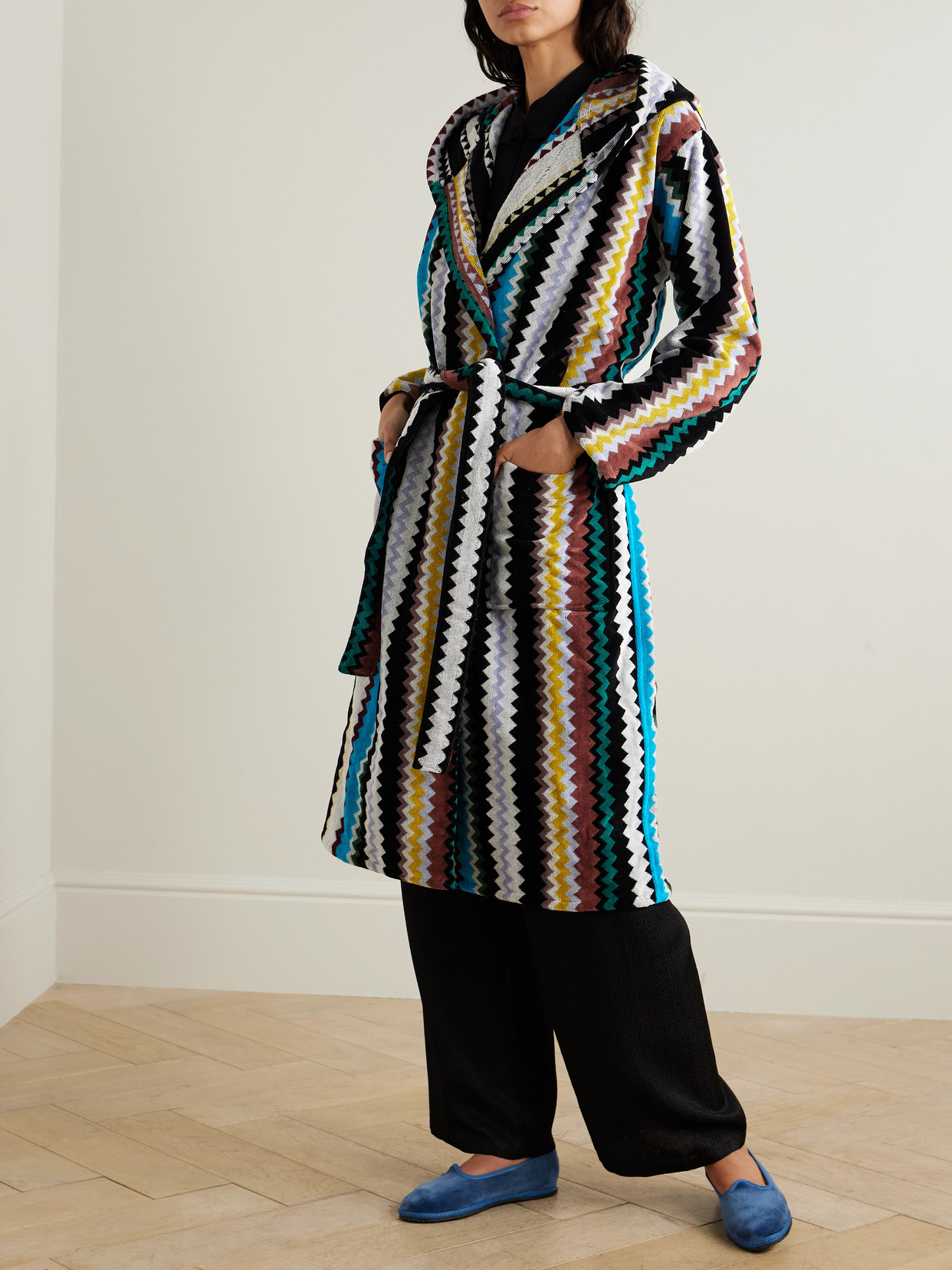 Missoni Curt Hooded Striped Cotton-terry Robe In Blue
