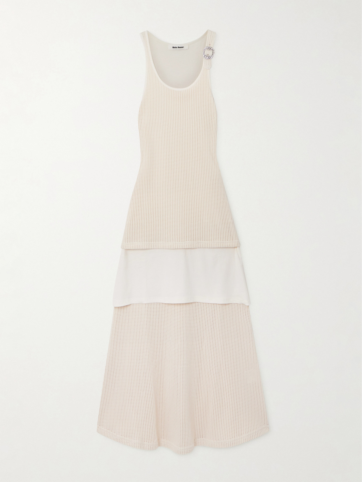 Wales Bonner Serenity Crystal-embellished Layered Open And Ribbed-knit Cotton Midi Dress In Cream