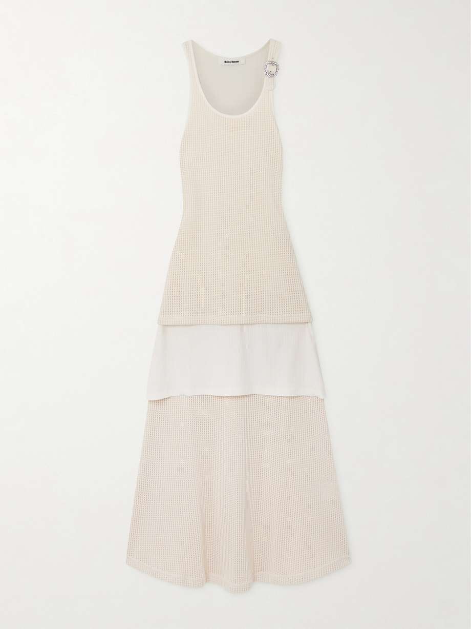 serenity crystal-embellished layered open and ribbed-knit cotton midi dress