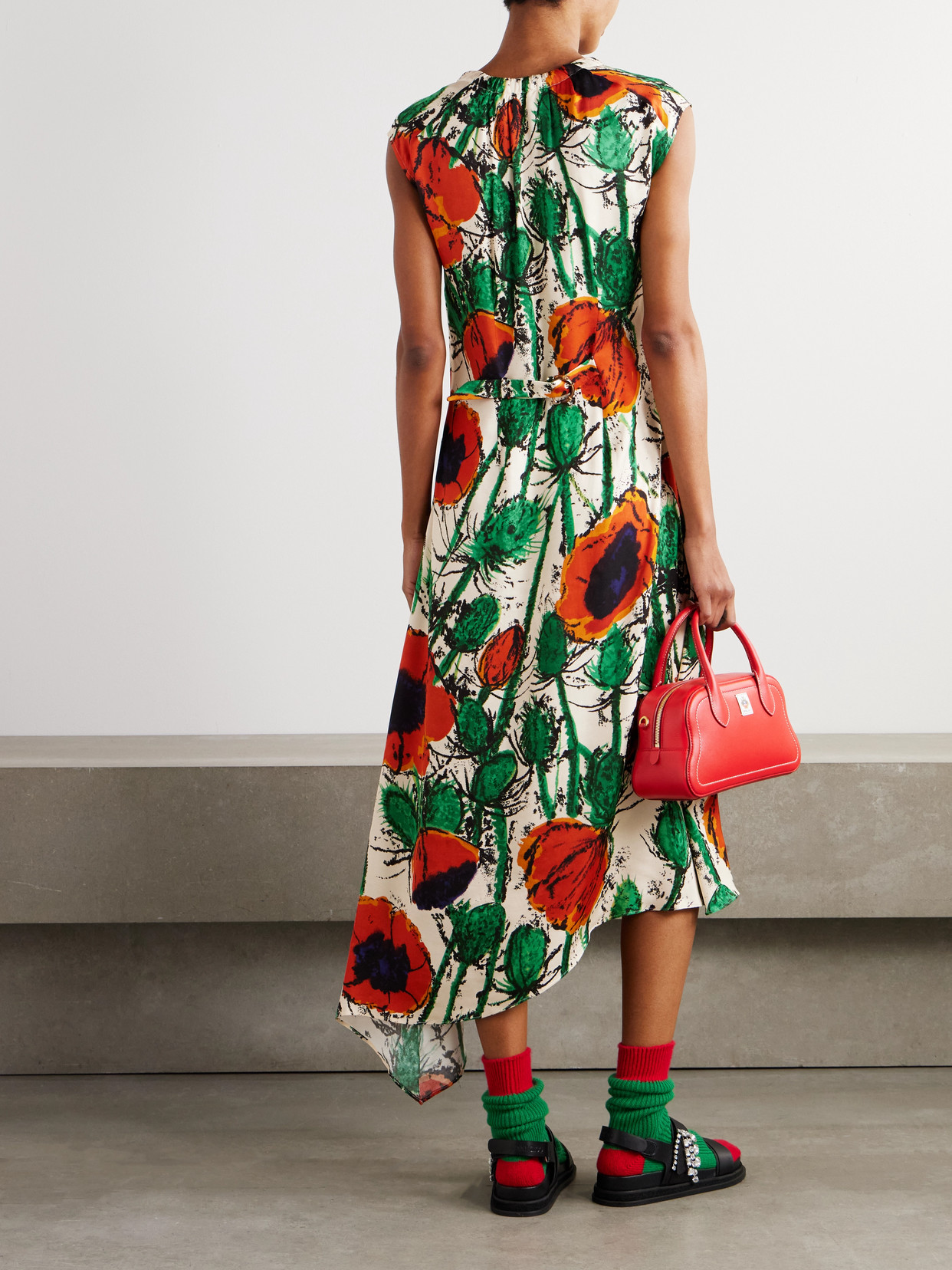 Wales Bonner Calypso Asymmetric Floral Twill Dress In Red