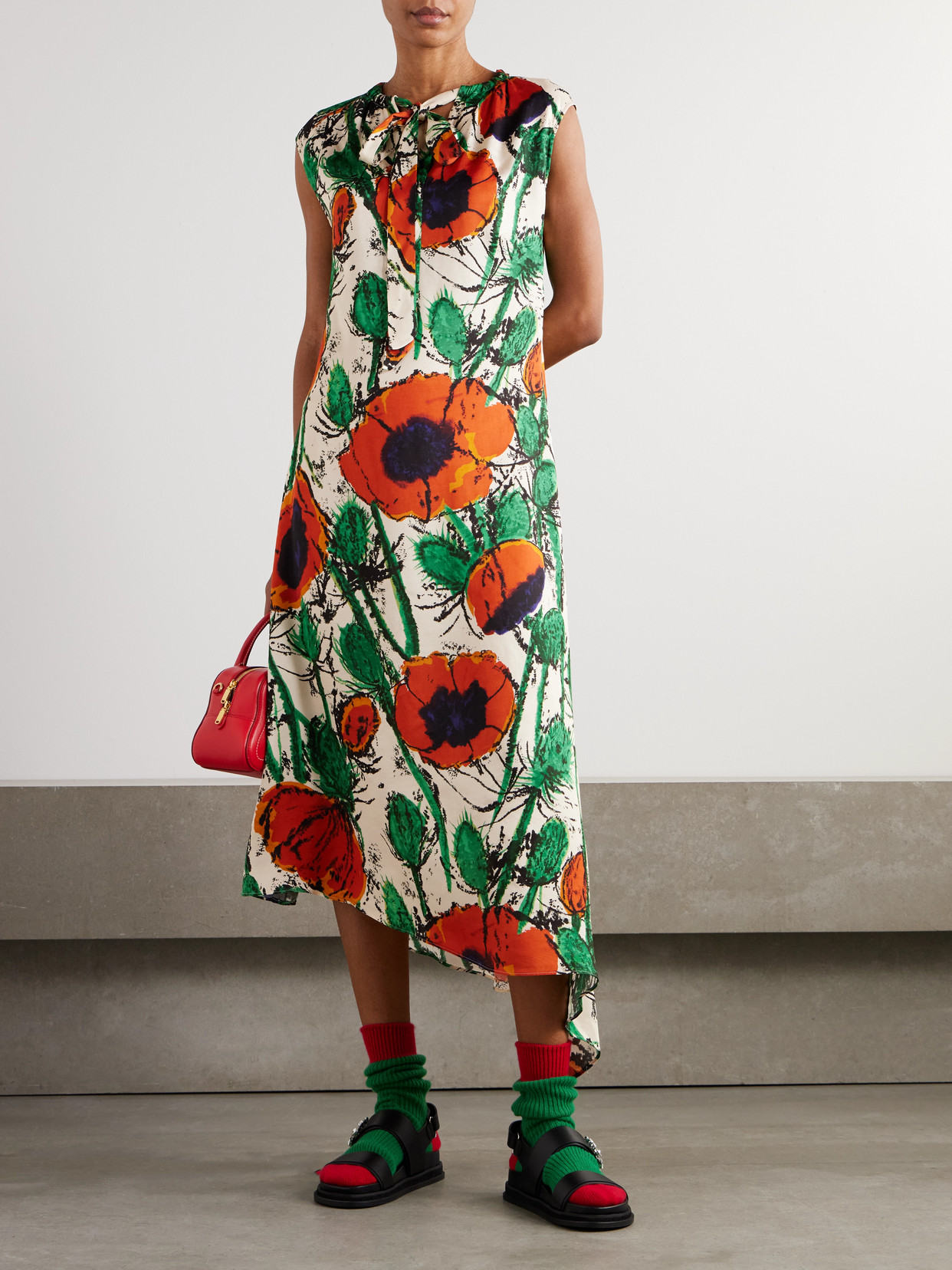 Wales Bonner Calypso Asymmetric Floral Twill Dress In Red