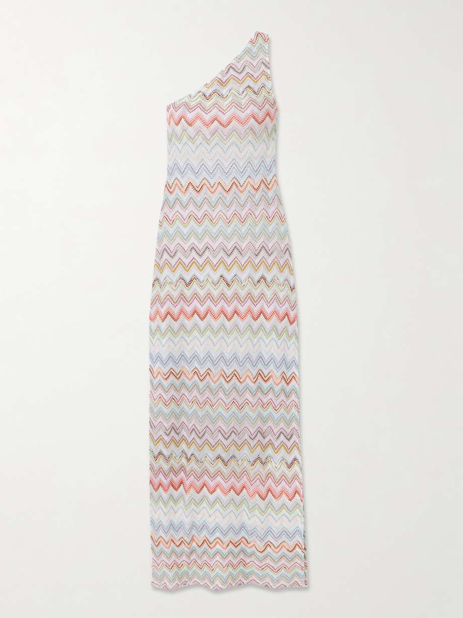 one-shoulder striped metallic crochet-knit coverup