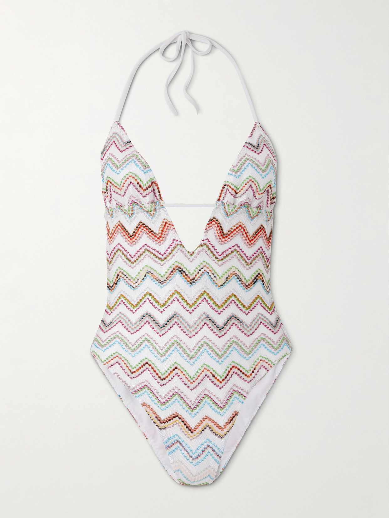 Missoni Striped Metallic Crochet-knit Halterneck Swimsuit In White