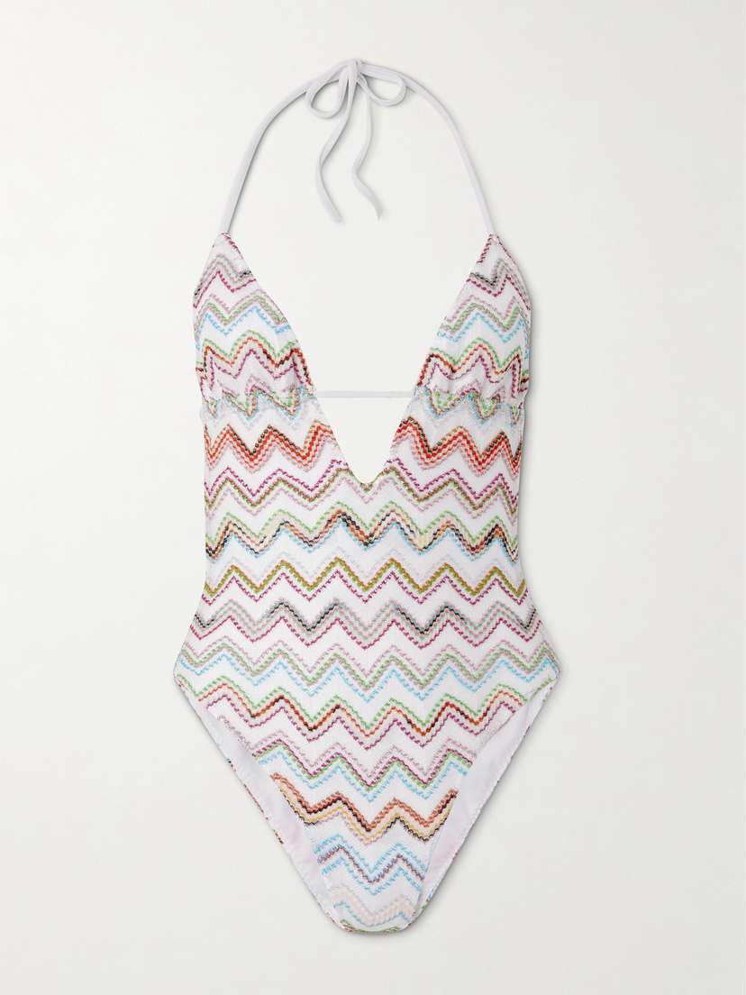 Missoni Striped Metallic Crochet-knit Halterneck Swimsuit